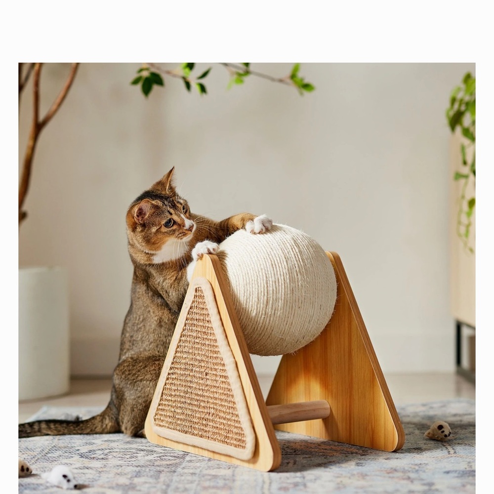 Natural Wood Cat Scratcher with Cream Rope
